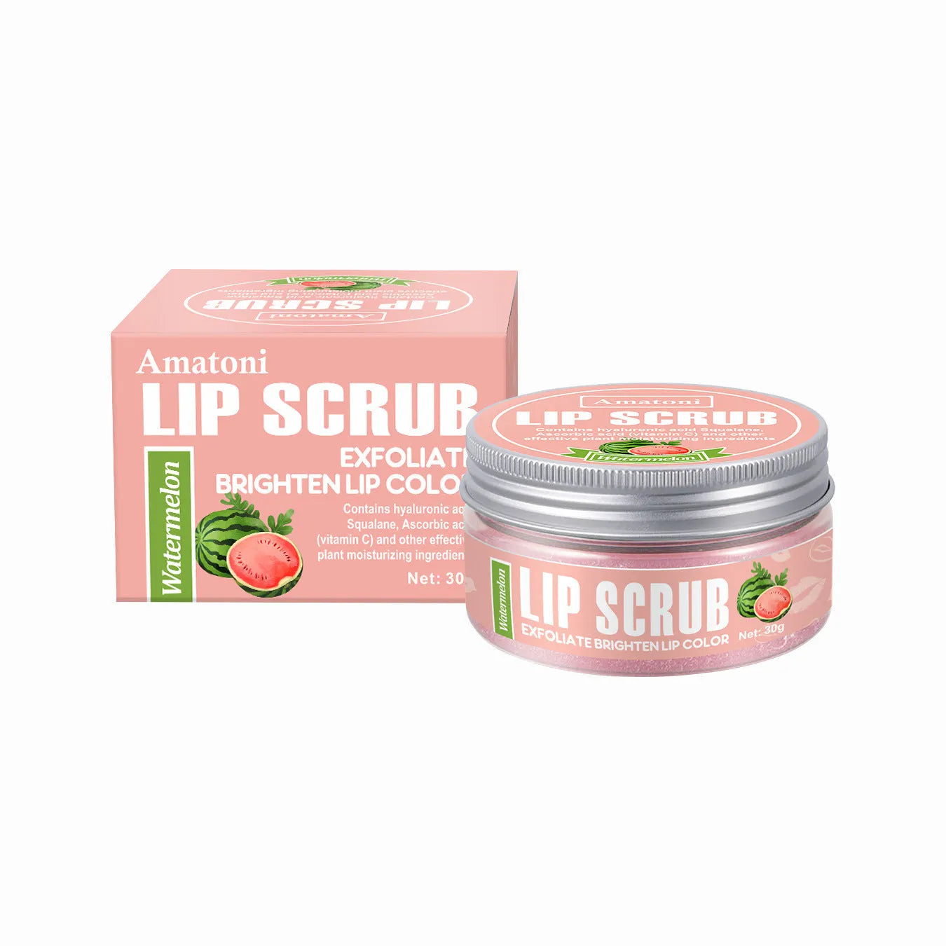 Amatoni fruit flavour lip scrub cream in 30g pot with exfoliating moisturising nourishing care