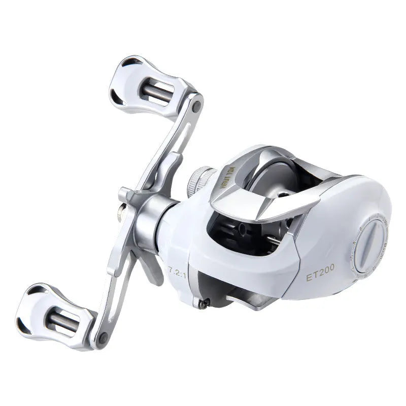 White drop wheel fishing reel with left or right hand retrieve for micro jigging and bait casting