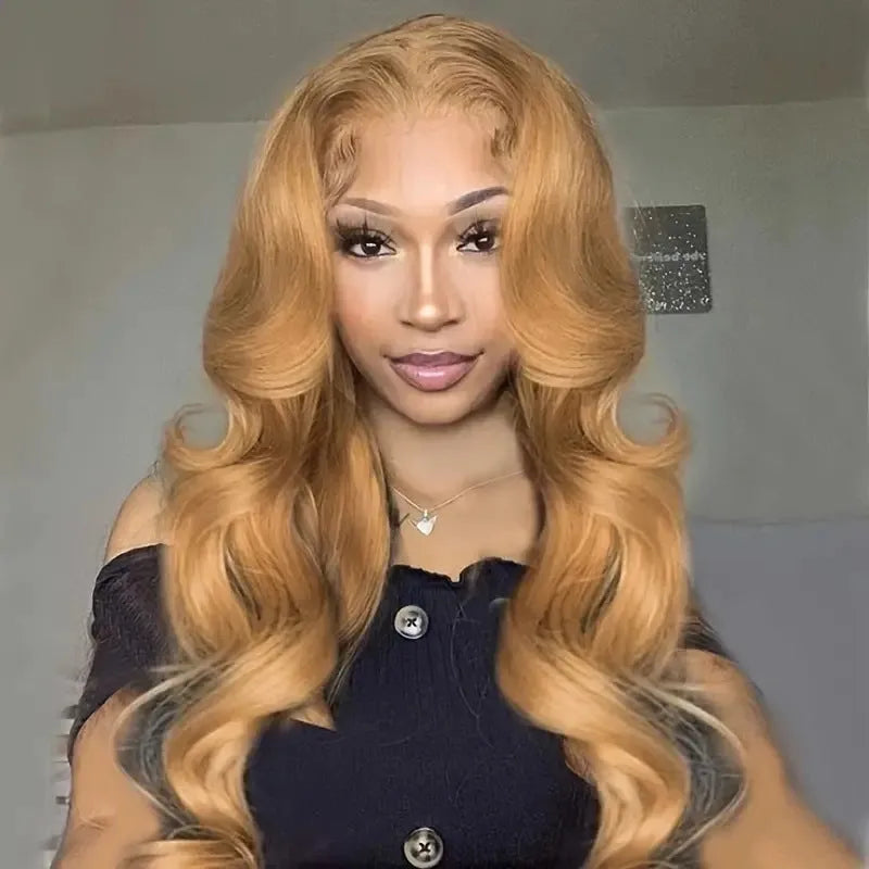 Light brown synthetic wig with big wave curls and side bangs in a long length.