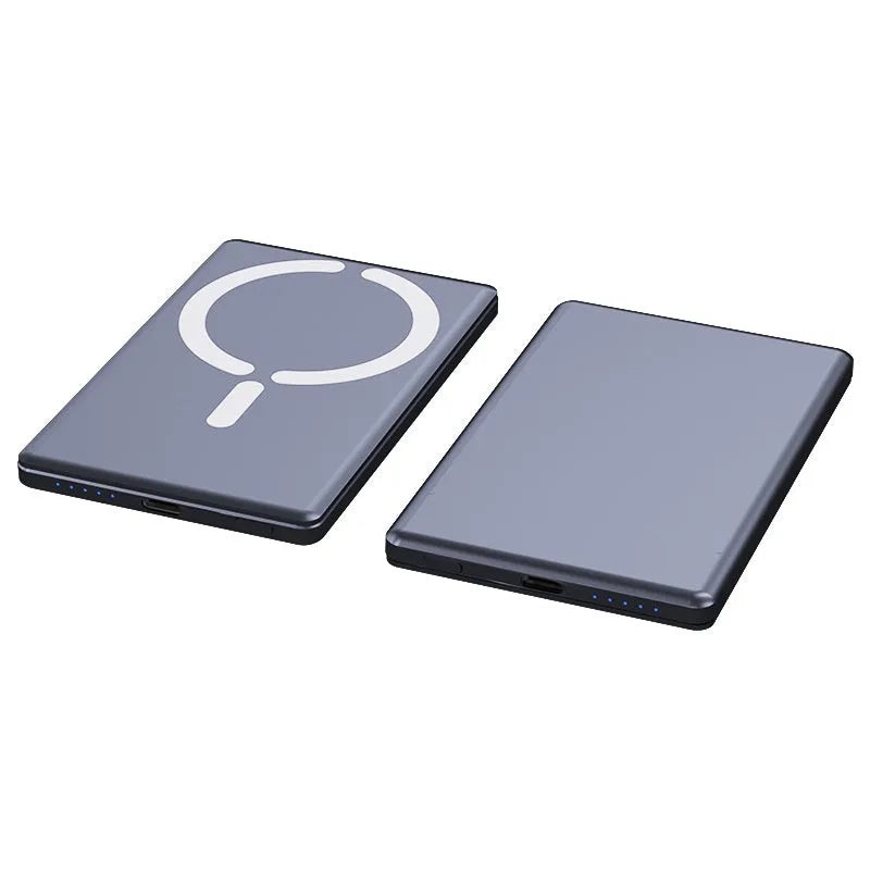 Ultra-thin alloy magnetic power bank in black showing 9mm thickness and compact dimensions