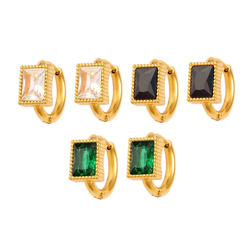 Geometric stainless steel earrings with square zircon and round ring elements in three colour options