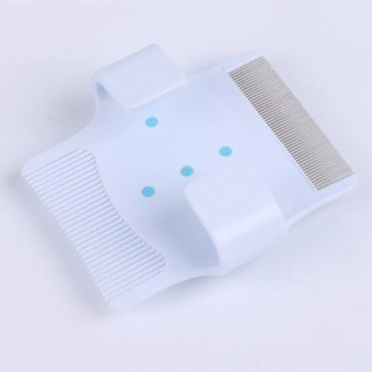 Blue multifunctional pet comb with hair removal, massage, and flea removal functions showing dimensions