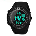 Black digital outdoor watch with large dial and PU strap on a wrist.