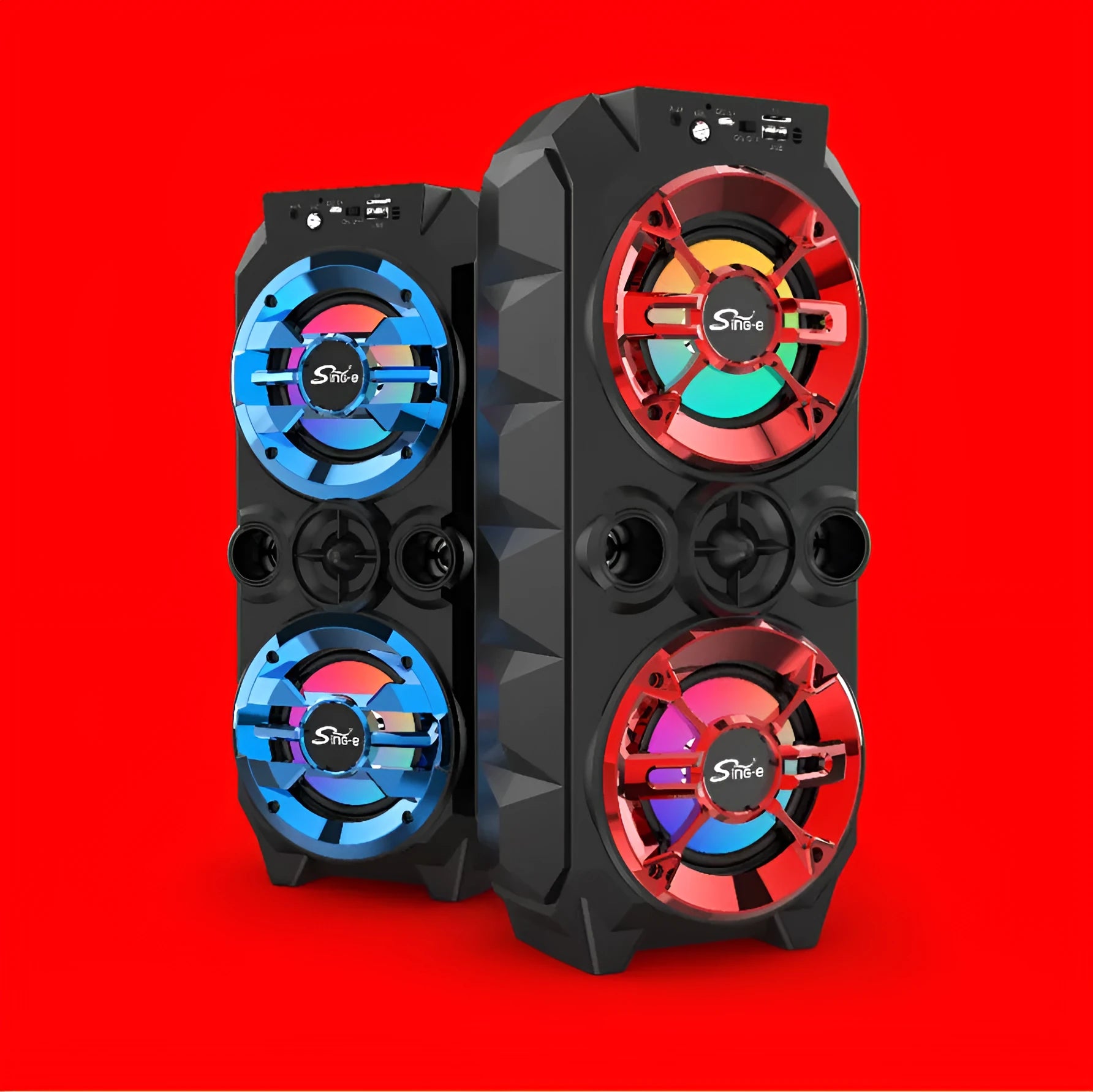 Portable Bluetooth audio speaker with colour lights and pull rod handle in blue, red, or silver grey