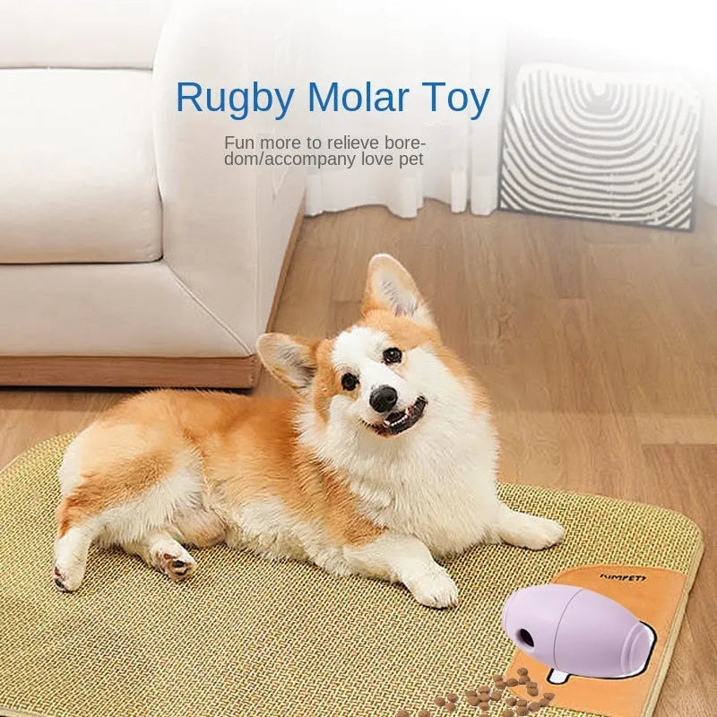 Silicone rugby ball dog toy in blue colour with raised seams for chew resistance