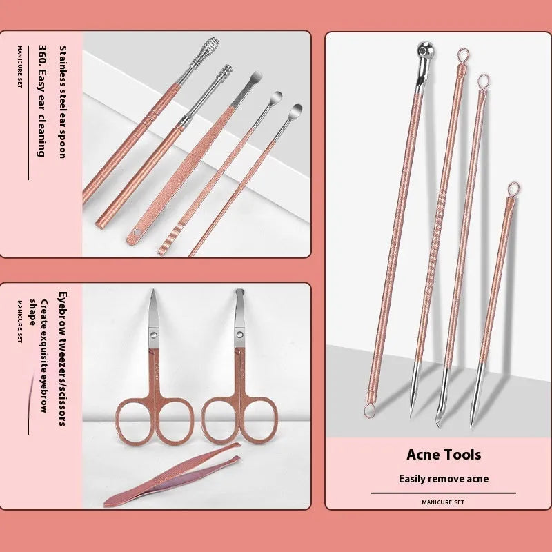 30-piece stainless steel nail beauty tool set showing cuticle pushers, nail clippers, files, buffers and tweezers