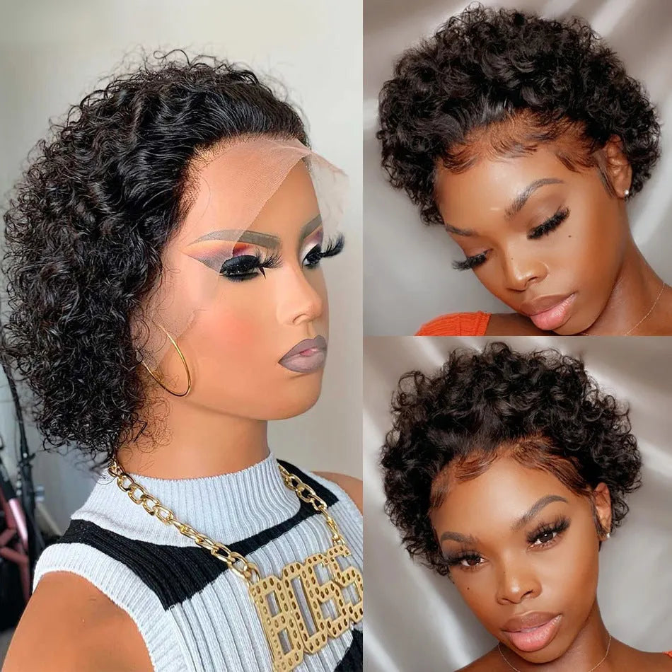 Black short pixie wig with lace front, made from human hair for daily wear.