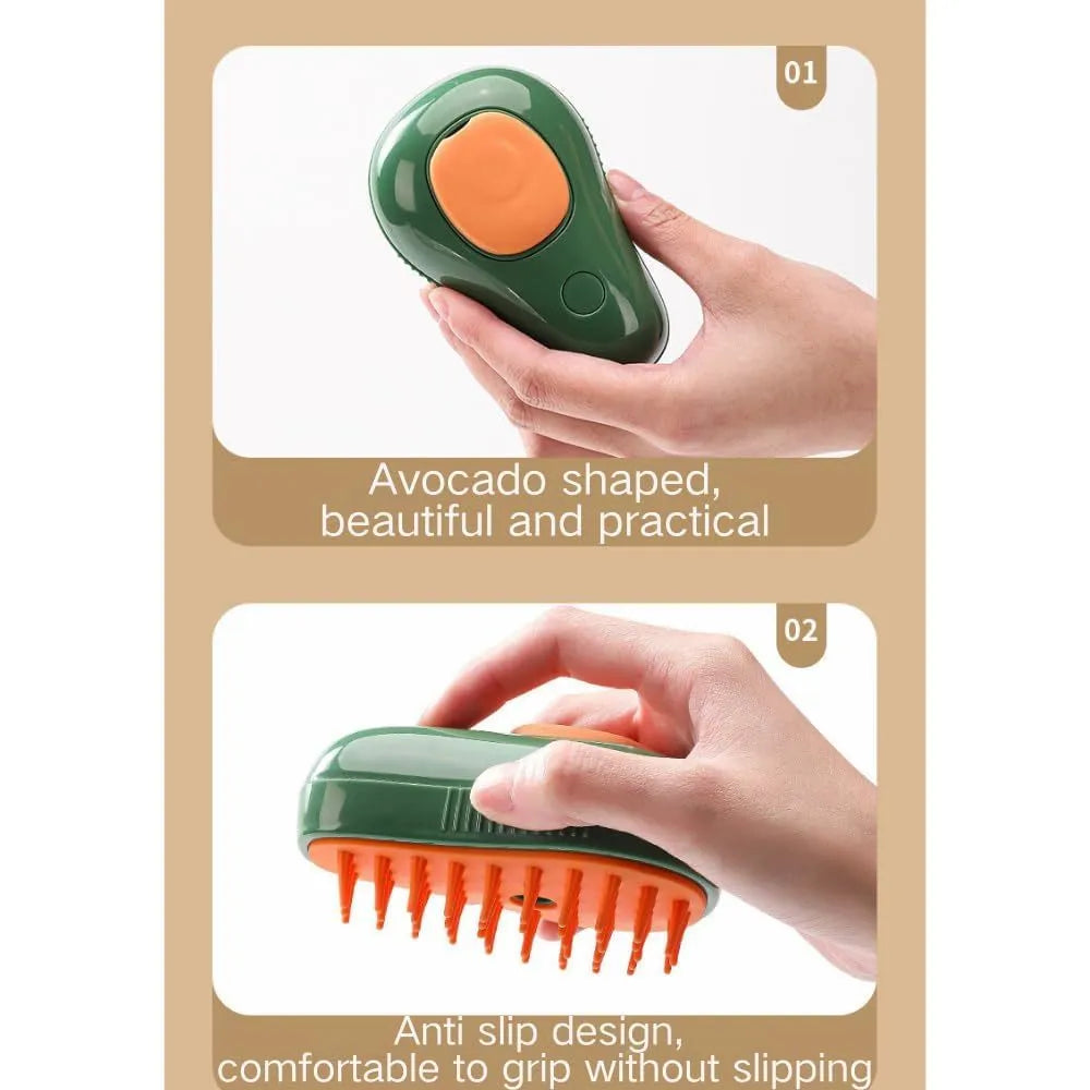 Green and white rechargeable cat steam brush with water spray function and silicone teeth