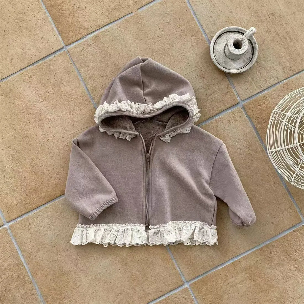 Child's lace-trim hooded zipper sweatshirt in solid cotton, brown colour, long sleeves