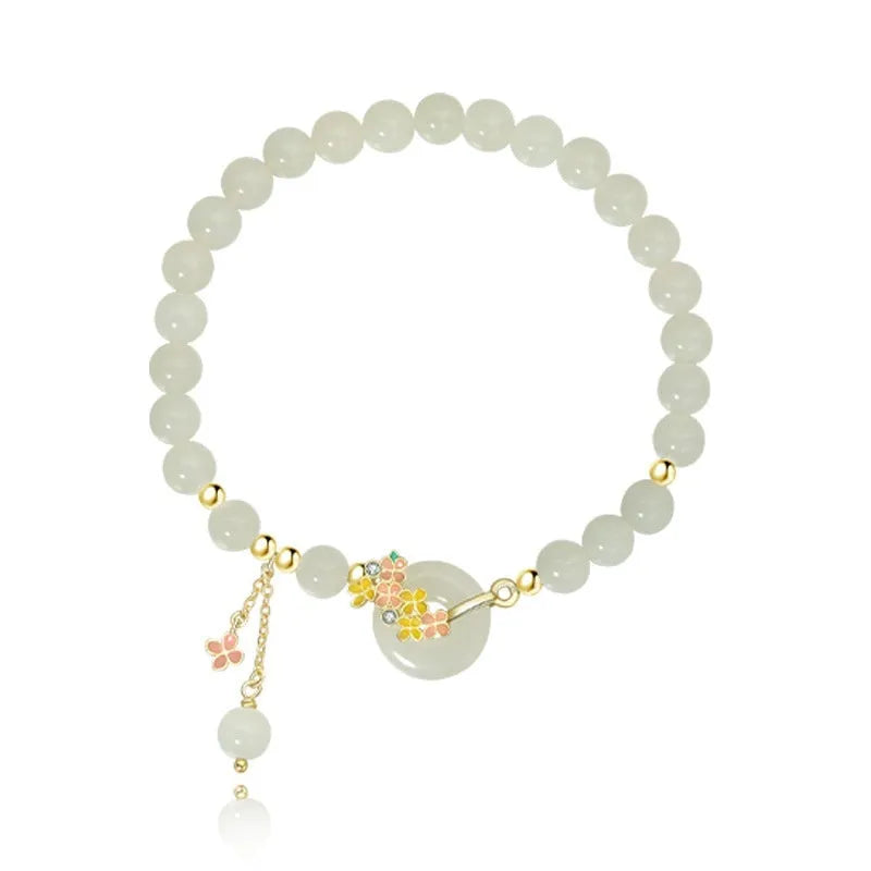 Osmanthus Peace Buckle S925 sterling silver natural Hetian jade women's bracelet with 6mm round stones