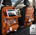 PU leather car seat back organiser bag with multiple pockets and a convertible tissue box bin.