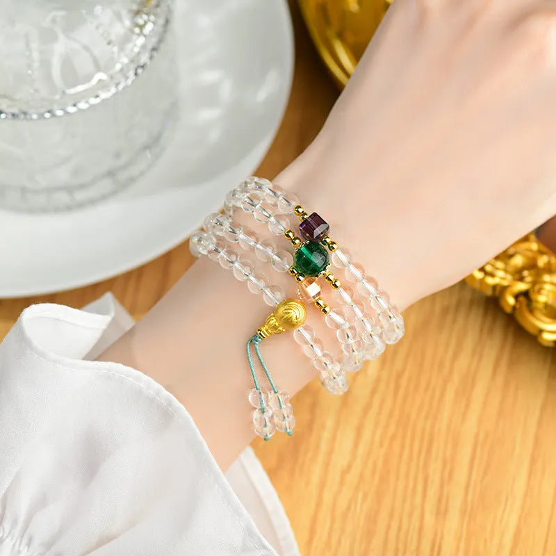 White crystal 108-bead rosary bracelet necklace with geometric beads and ethnic styling