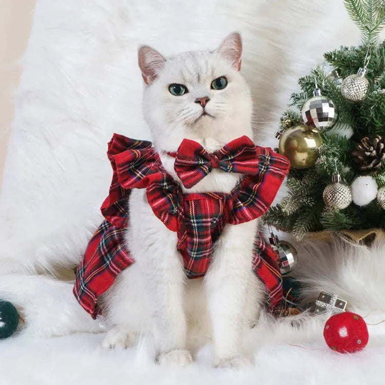 Red tartan Christmas skirt for pets with matching head flower accessory in size options from XS to XL