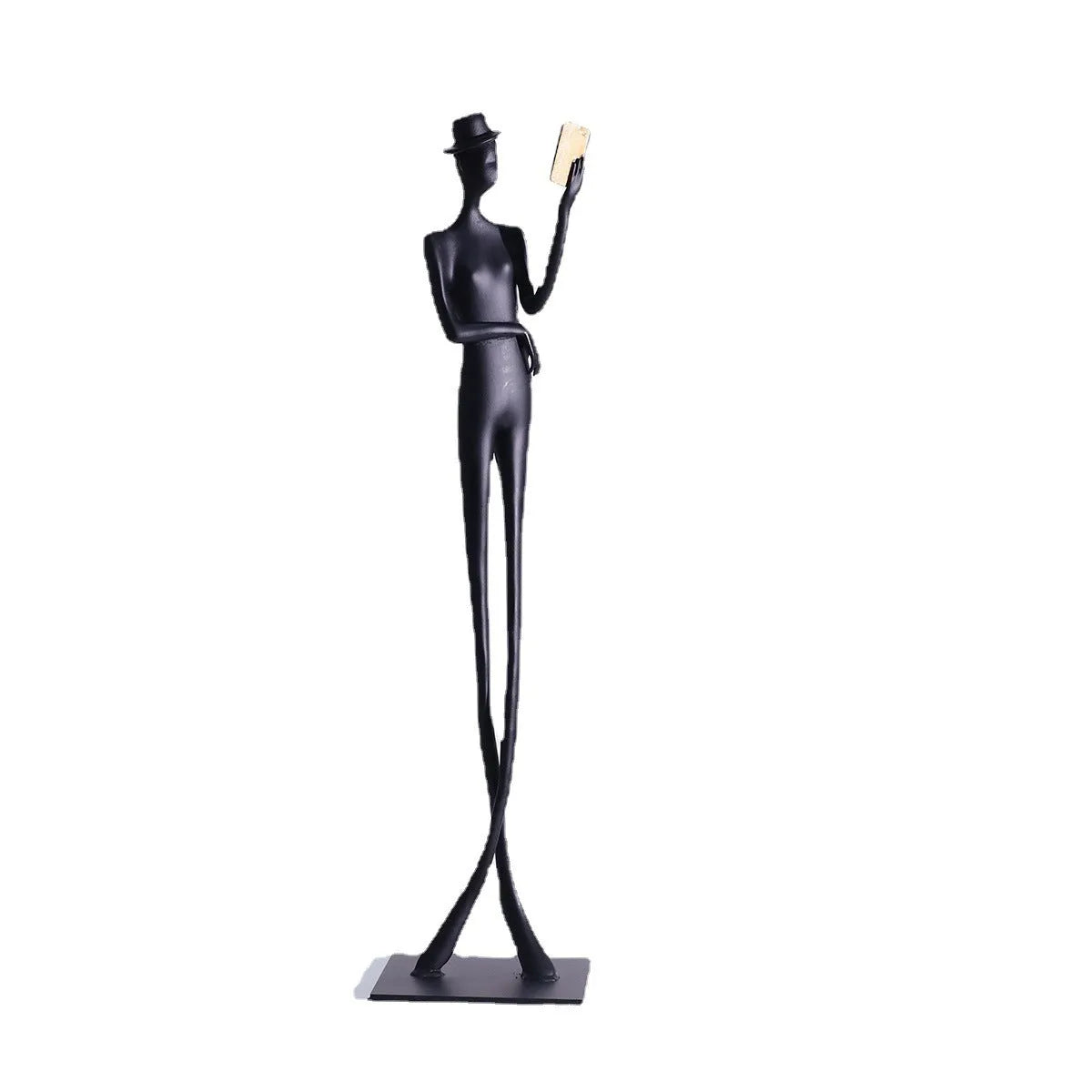 Black cast aluminium reading woman sculpture, 51cm tall modern desktop ornament.