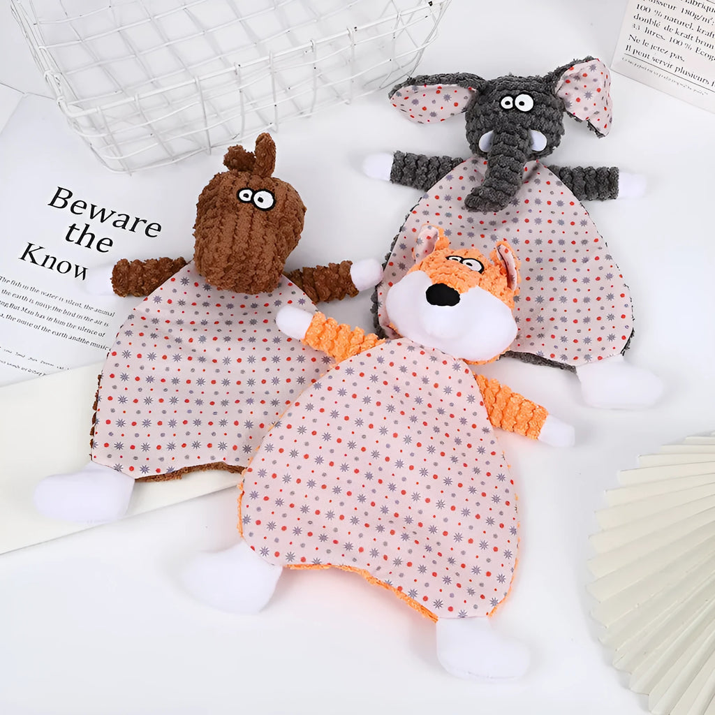 Brown velvet pet chew toy shaped like a fox elephant with crinkle paper and squeaker inside