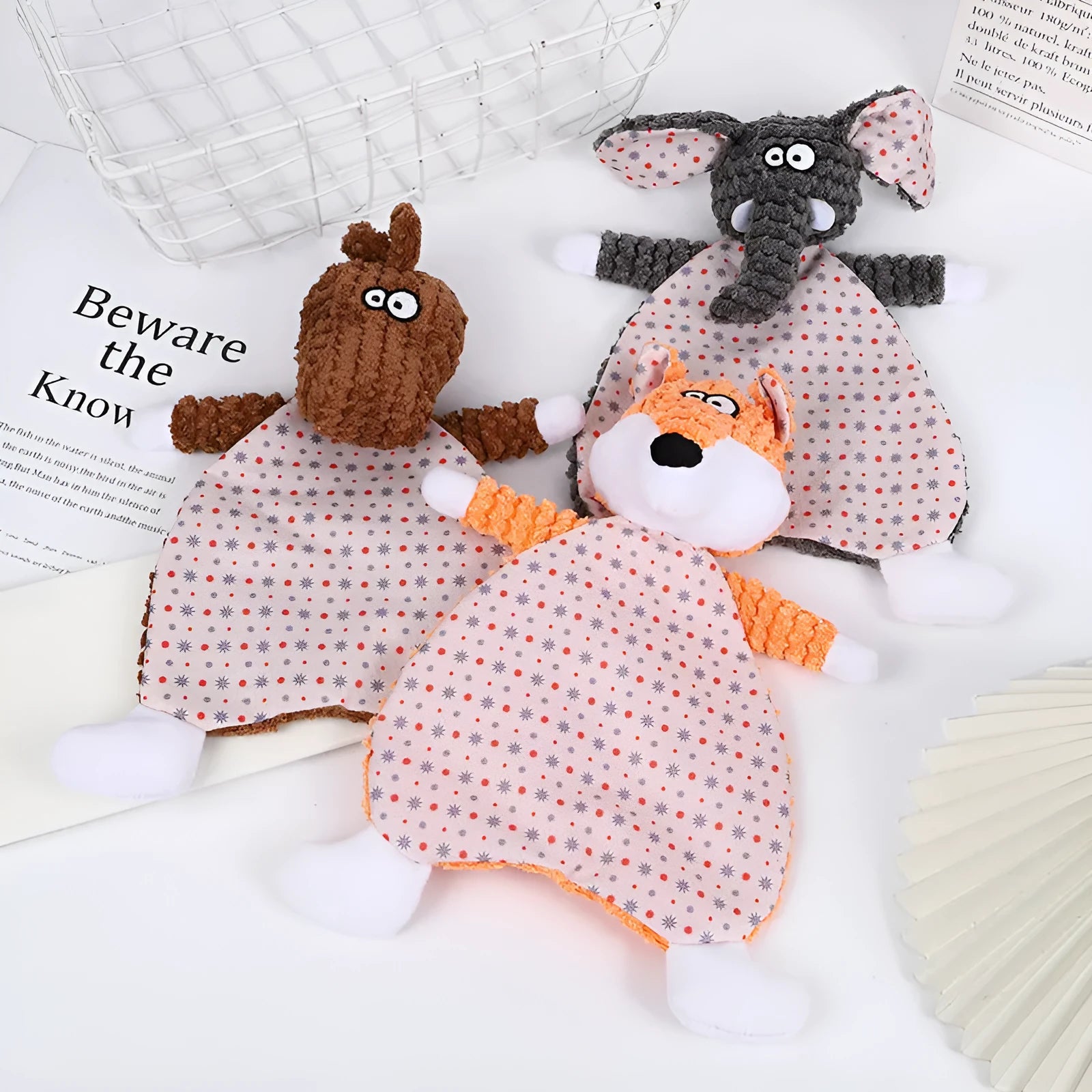 Brown velvet pet chew toy shaped like a fox elephant with crinkle paper and squeaker inside