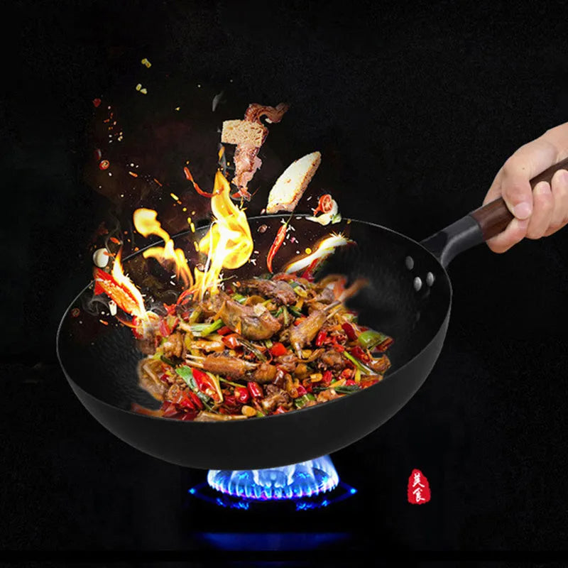 Traditional black iron wok measuring 40cm with wooden handle and glass lid option