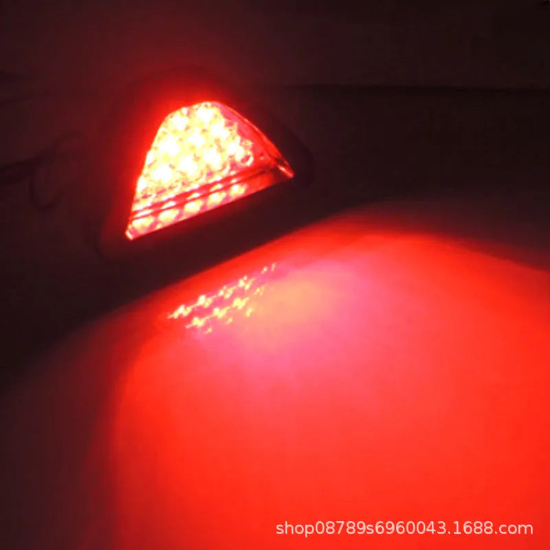 Universal LED triangle rear fog and brake warning light for cars and motorcycles in multiple colours.