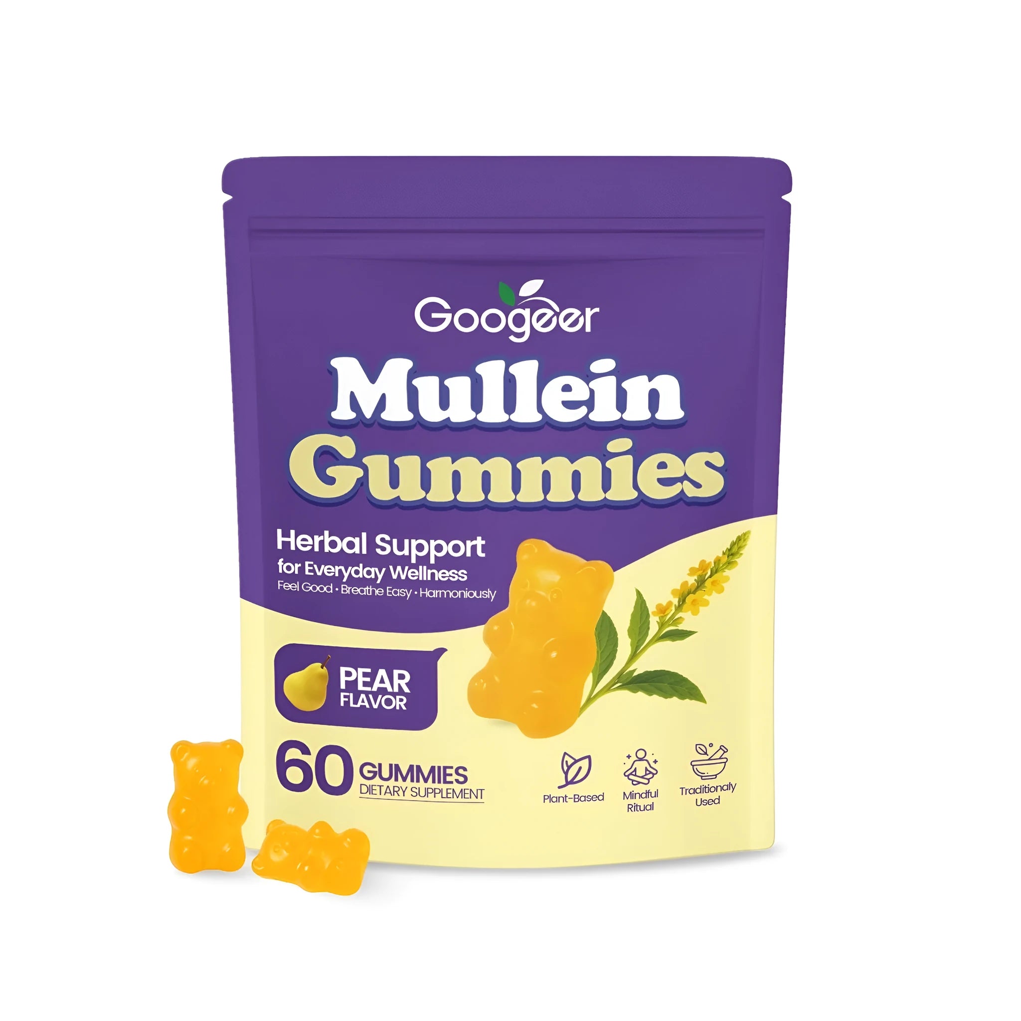Container of 60 mullein supplement gummies with verbena officinalis extract for throat care support