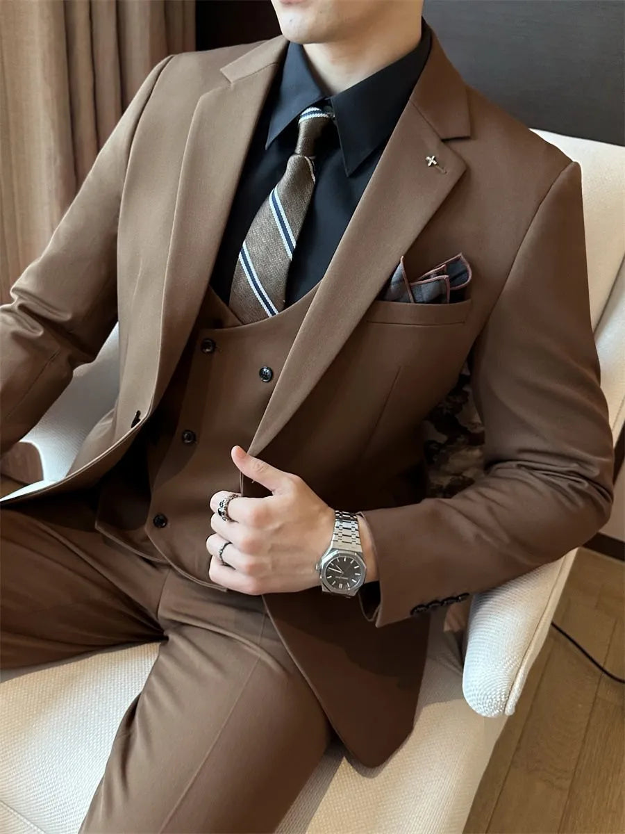 Men's slim fit business formal wear jacket in dark green, made from chemical fibre blended fabric.
