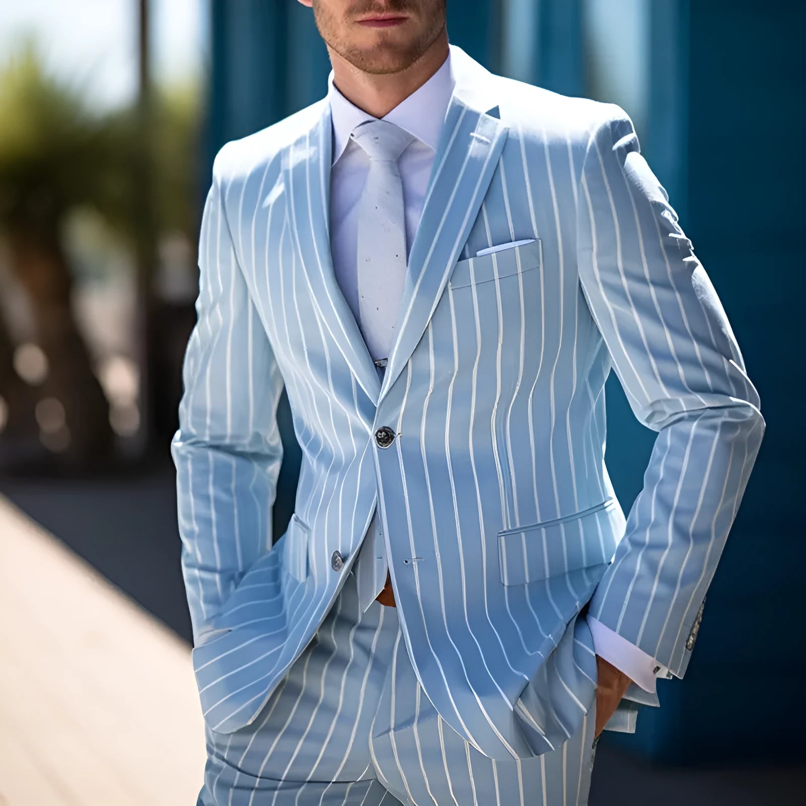 Men's blue and white button British style suit jacket with double button front