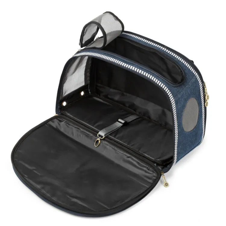 Blue denim pet diaper bag with cartoon pattern measuring 43x20x30cm