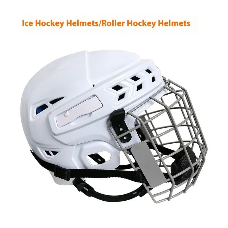 Ice hockey helmet with carbon steel face mask, shown in size L with a black PP shell and grey lining.