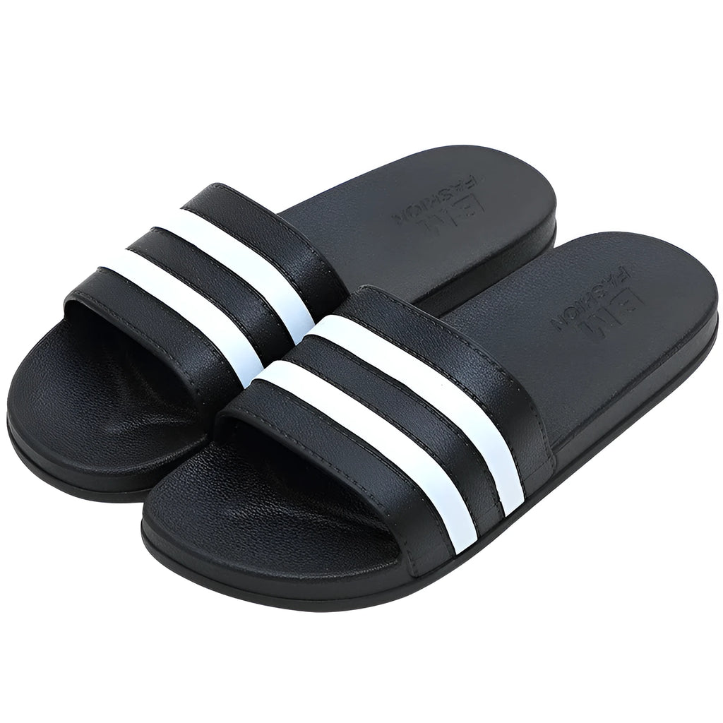 Striped PVC bath slippers in white, black, purple with injection-moulded sole, available in sizes 36-37 to 44-45
