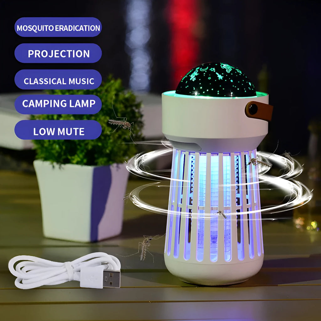 White electric mosquito killer lamp with star projection feature and folding handle for indoor and outdoor use.