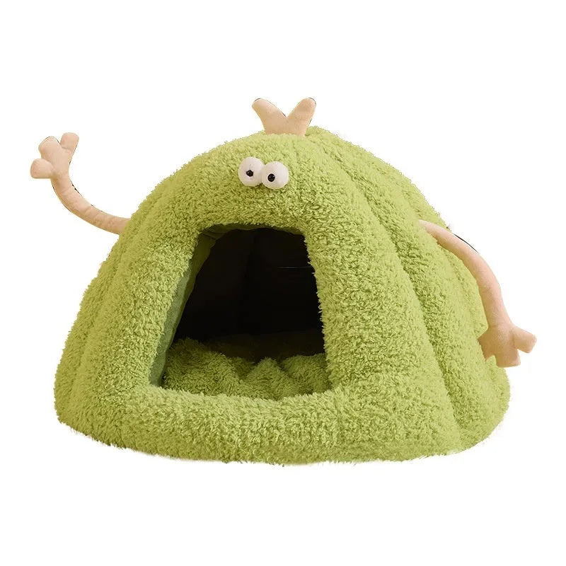 Monster-shaped semi-enclosed cat kennel in PP cotton bubble velvet, shown in green colour.