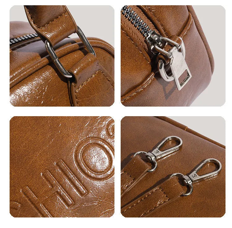 Retro PU crossbody bag with letter and stitching details in horizontal square shape, black colour