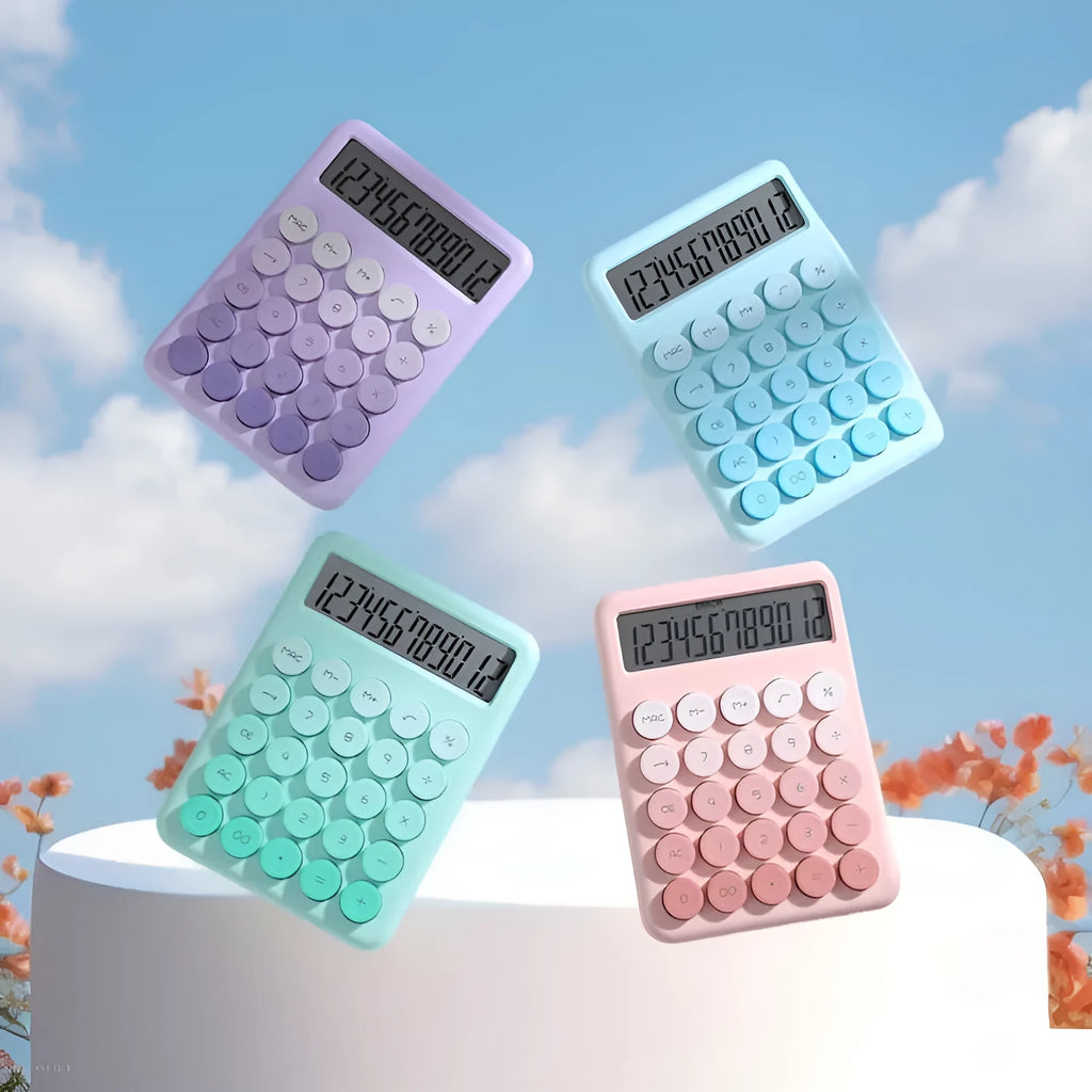 Desk calculator with gradient colour finish in pastel violet, pink, blue, or green.