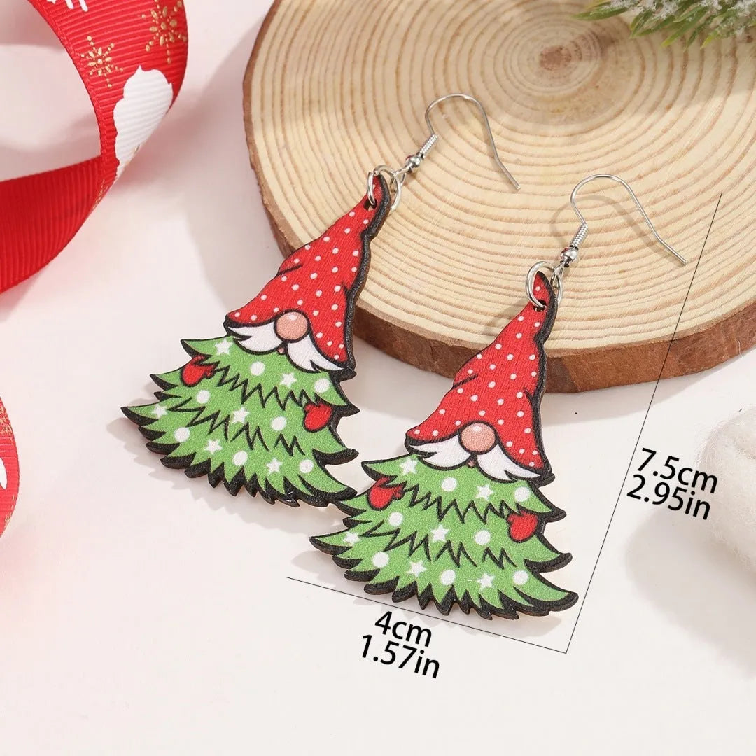 Wooden Christmas earrings with printed Christmas Tree and Water Drop Christmas Snowman designs