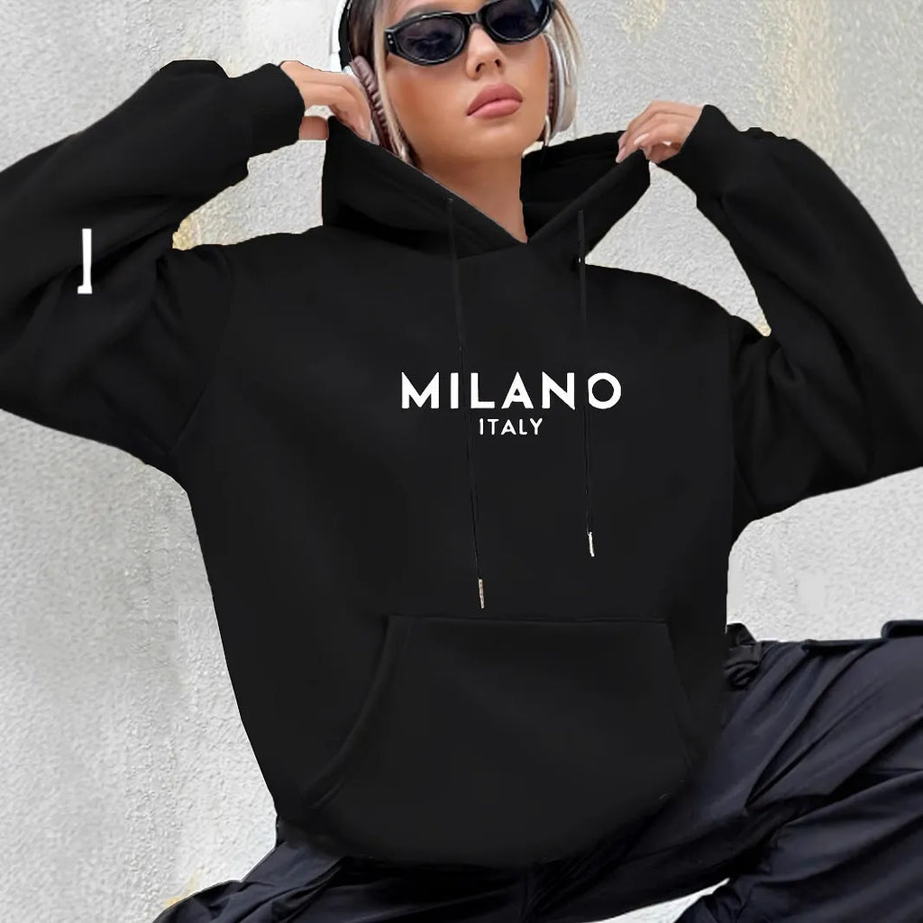 Casual long sleeved printed kangaroo pocket hoodie in black, loose fit, front view
