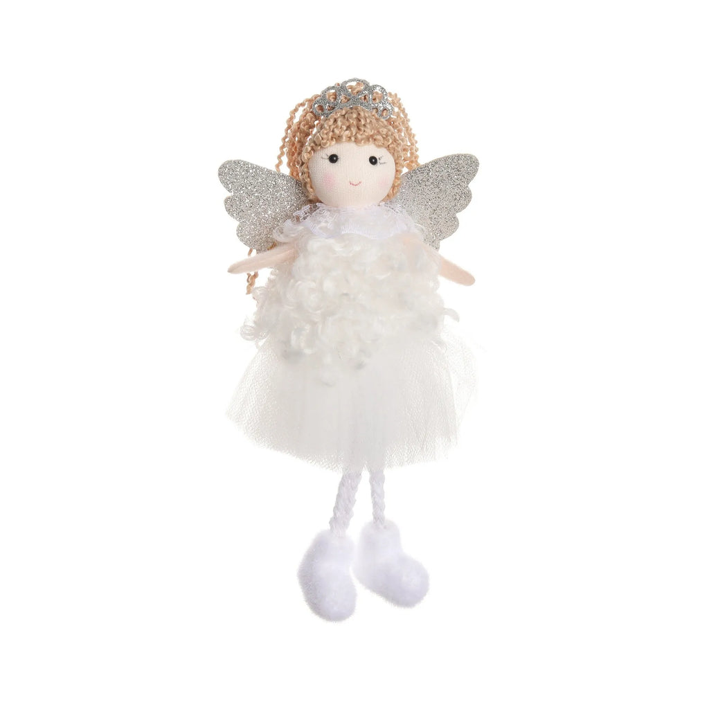 Cartoon angel cloth hair clip for a girl's Christmas ponytail in khaki, pink, or white.