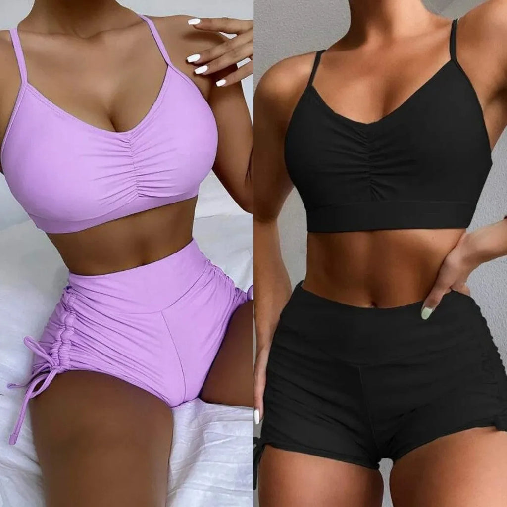 Women's black high waist split bikini swimsuit with spandex lining.