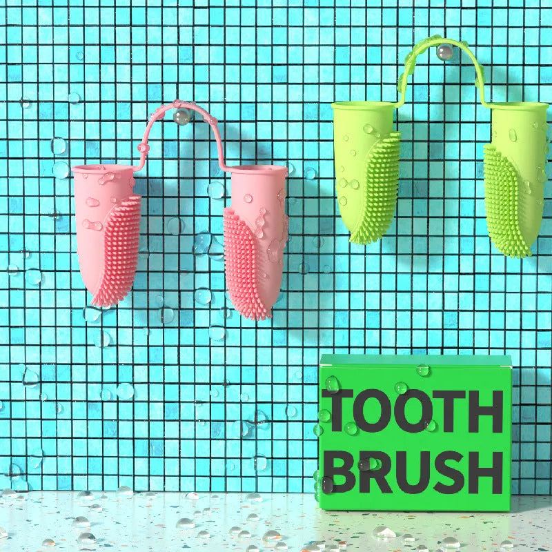 TPR pet dental finger brush set in pink, blue green, and grass yellow colours for dog and cat teeth cleaning