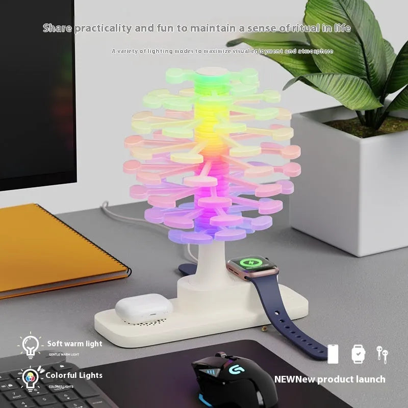 White spiral tree LED table lamp with geometric design on wooden desk