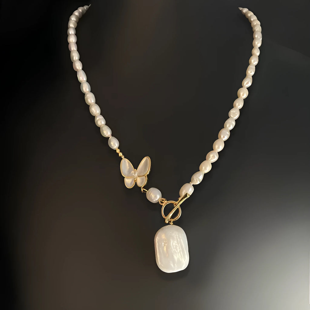 Pearl white fashion OL butterfly necklace with electroplated finish and 50cm chain