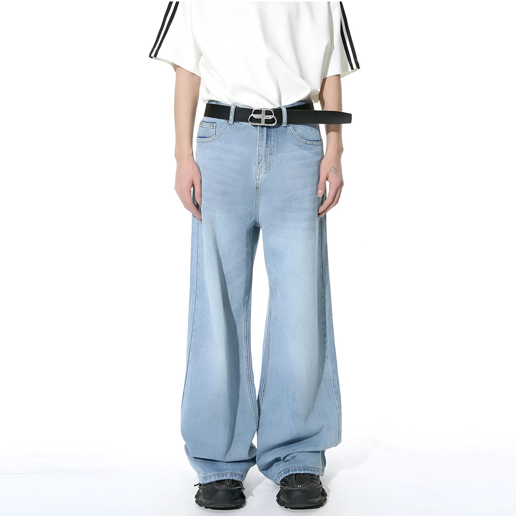 Men's retro washed straight casual jeans in cotton blend, mid waist, zipper fly, five colour options