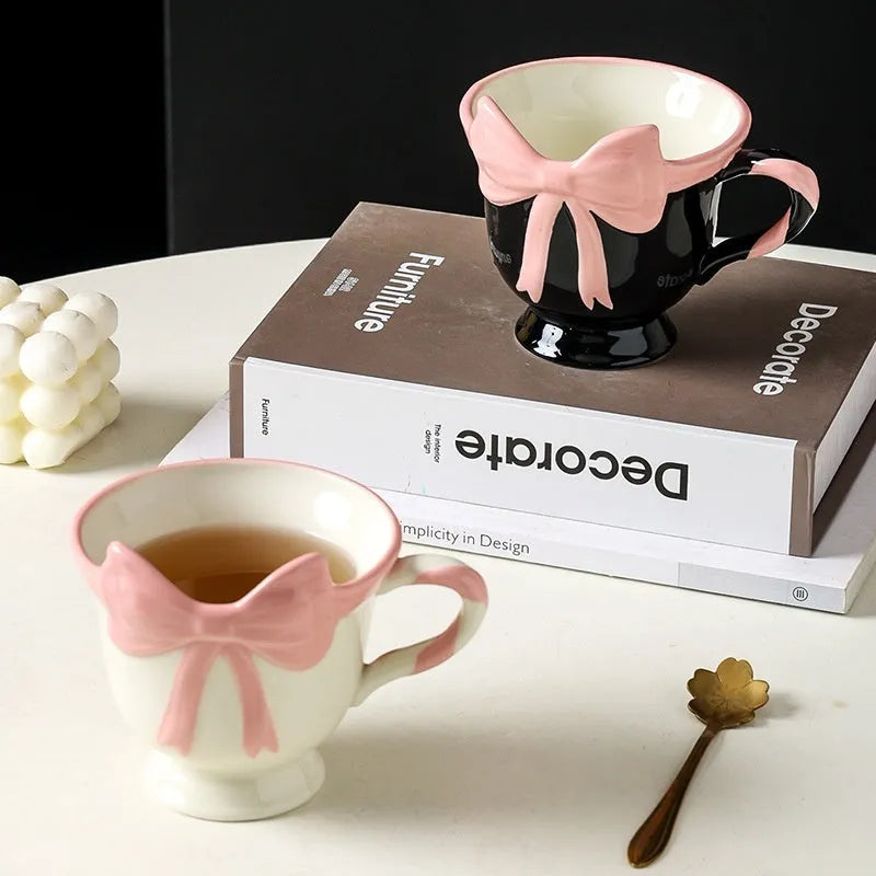 Girl heart bow pattern ceramic mug in black pink or white powder colour, 301-400ml capacity