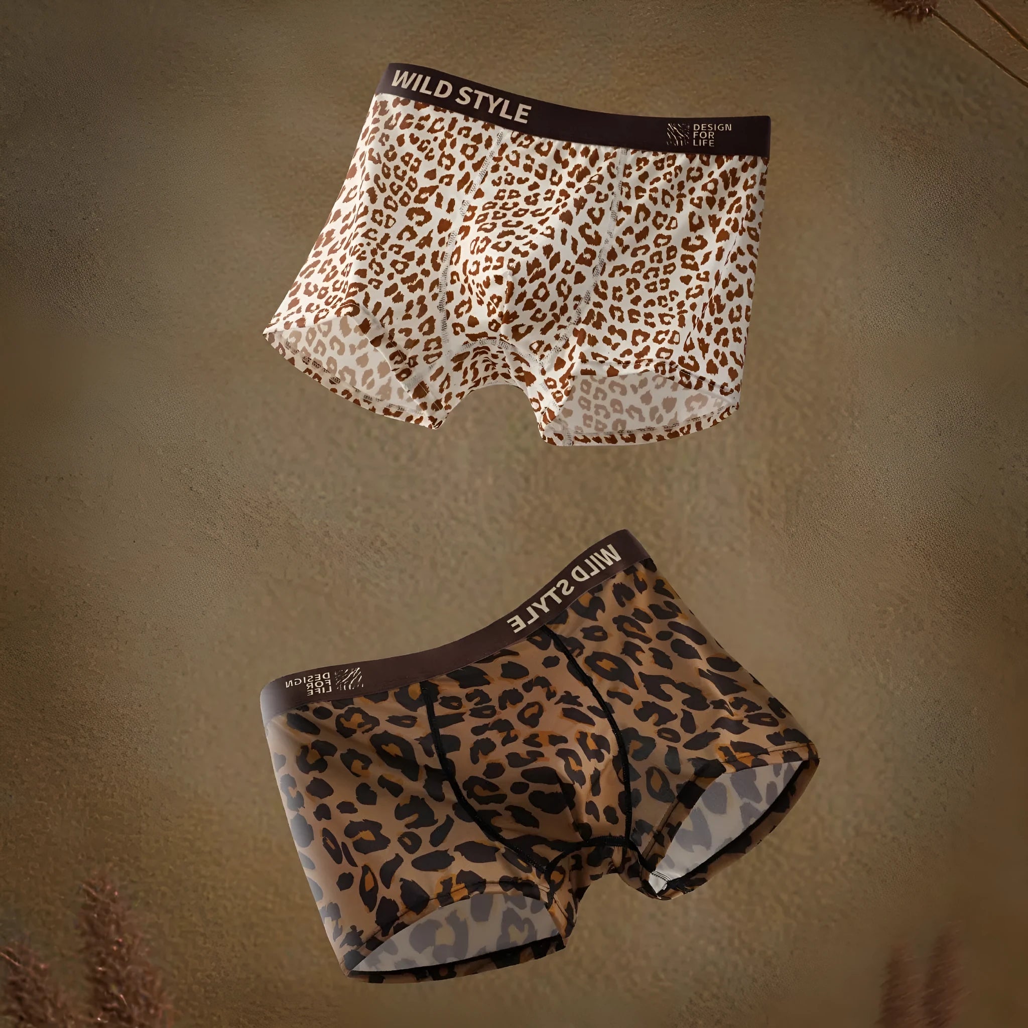 Men's leopard print boxer shorts made from knitted polyester fabric on a mid-waist mannequin.