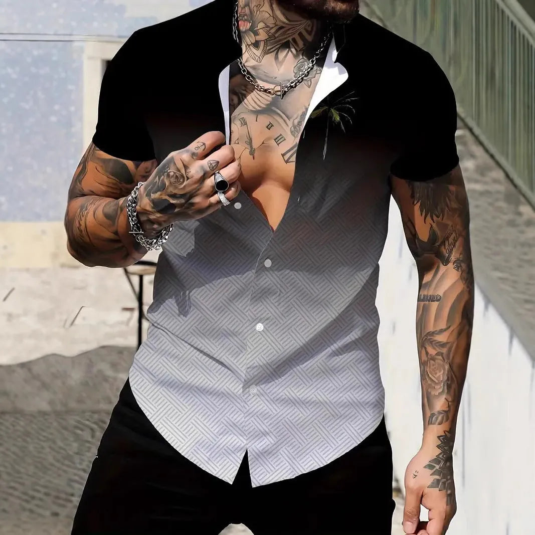 Men's geometric line print short sleeve shirt with lapel neckline in slim fit