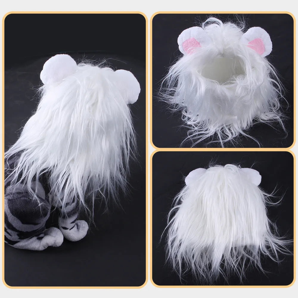 Black and white lion headgear wig hats for cats in three different sizes