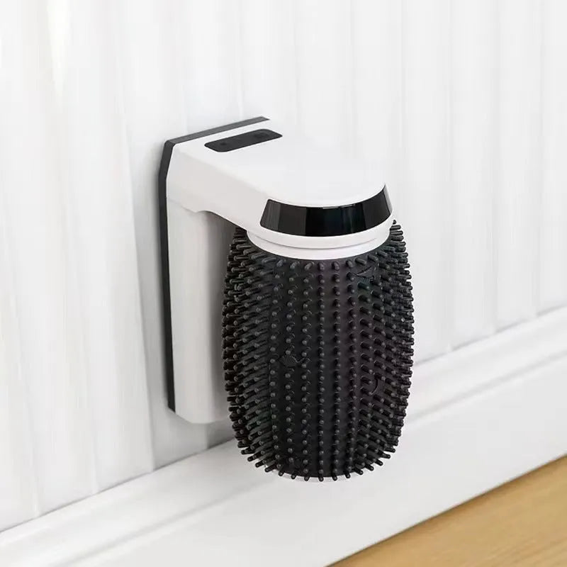 White automatic cat self groomer wall corner brush mounted in corner
