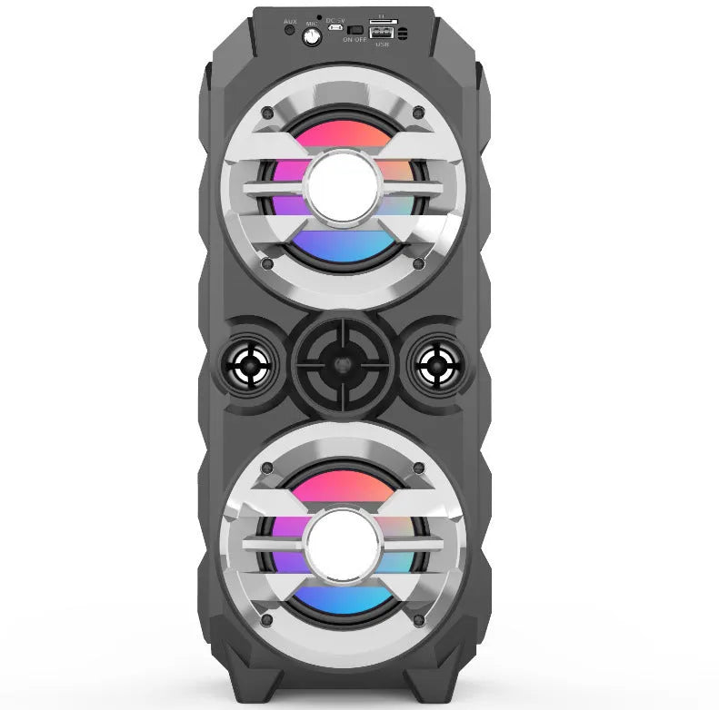 Portable Bluetooth audio speaker with colour lights and pull rod handle in blue, red, or silver grey