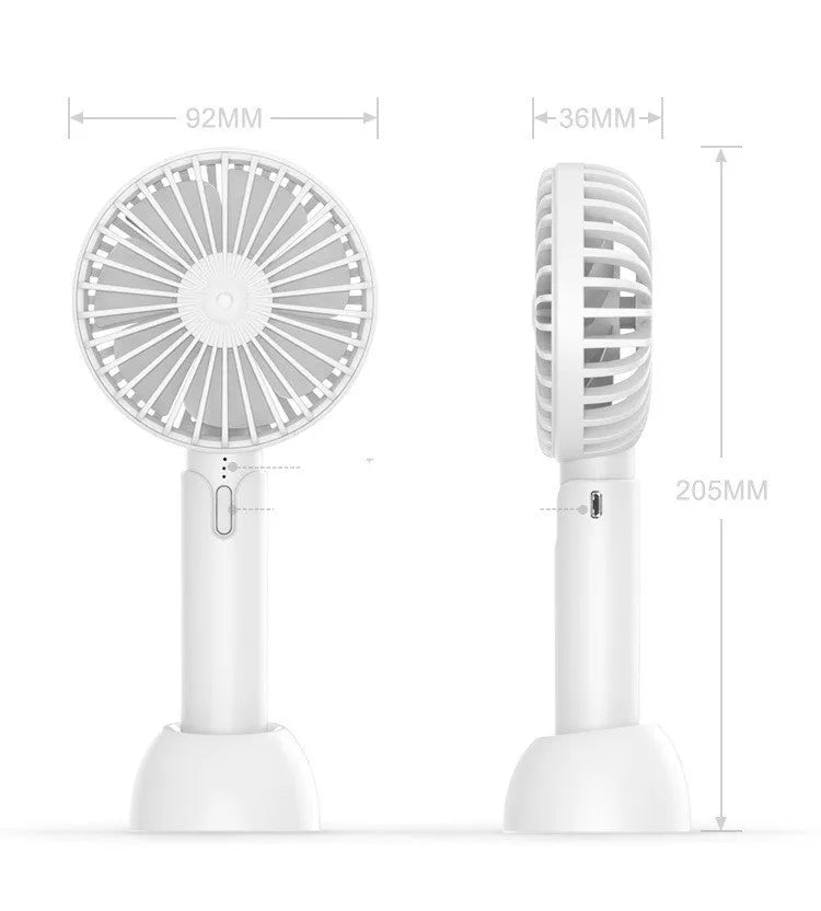 Blue mini handheld USB electric fan with three-speed control on desktop
