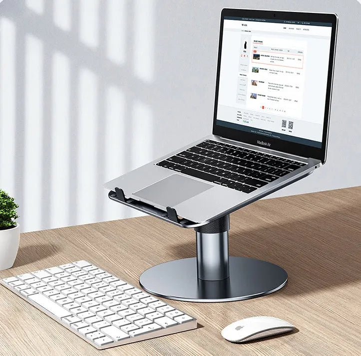 Silver adjustable car laptop stand with 360-degree rotating base on car seat