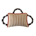 Blue dog tug toy with jute bite pillow and three rope handles for tug of war.