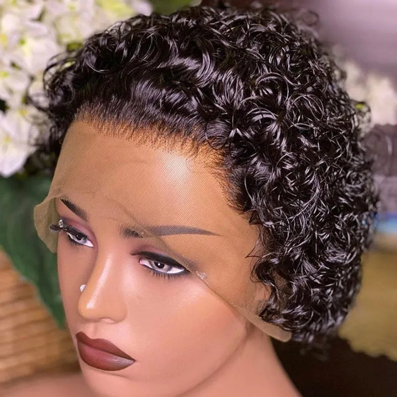Black short pixie wig with lace front, made from human hair for daily wear.